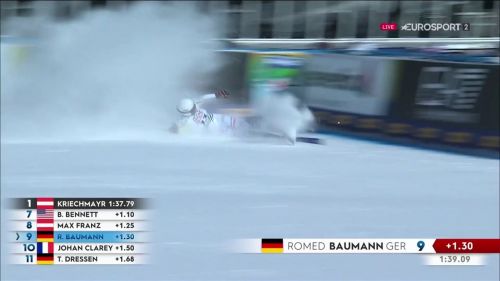 Romed baumann arriva stanco al traguardo e si schianta contro le protezioni! discesa maschile cortina 2021