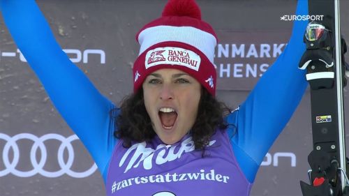 La gioia di federica brignone, inno e urlo sul podio di zauchensee dopo la vittoria in super-g
