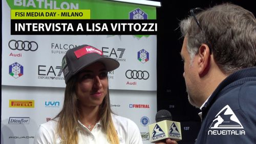 Lisa Vittozzi al microfono di Dario Puppo - FISI Media Day, Milano